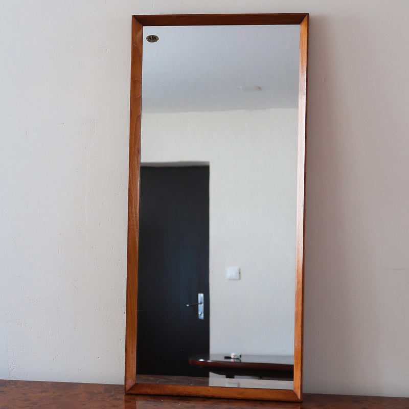 Miroir mural teck scandinave années 60 format vertical XL allongé, argenture protégée cuivre, entrée couloir, design danois mid-century