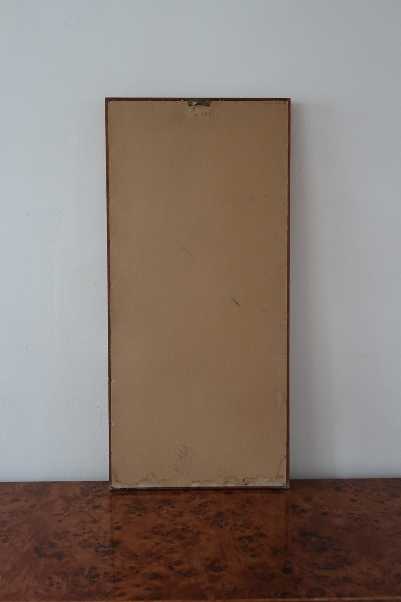 Miroir mural teck scandinave années 60 format vertical XL allongé, argenture protégée cuivre, entrée couloir, design danois mid-century