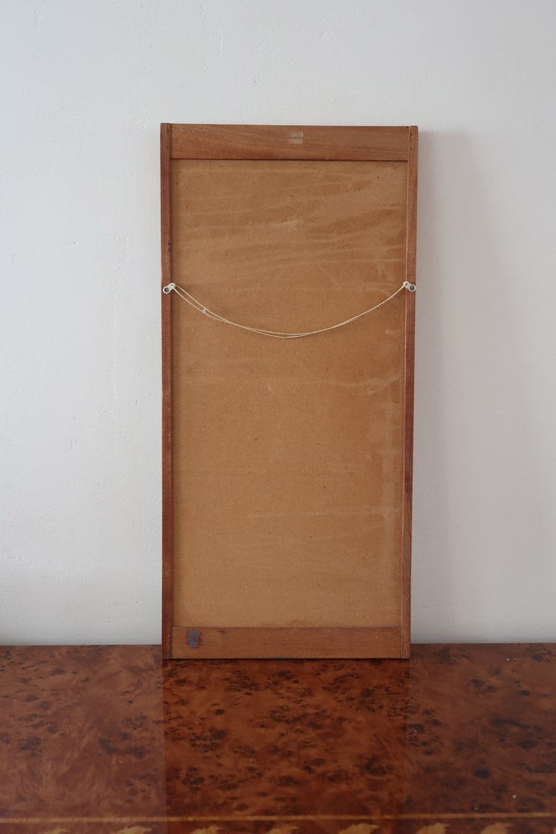 Miroir mural teck scandinave années 60 montants saillants tenons aux angles, format vertical élancé, ébénisterie danoise mid-century
