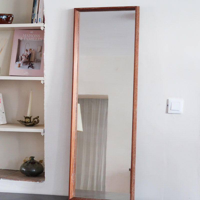 Miroir mural teck massif scandinave années 60 grand format vertical XL, teck cérusé patiné, dressing entrée, design danois mid-century