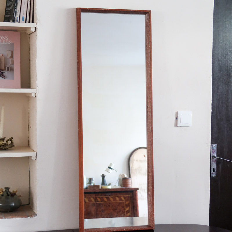 Miroir mural teck massif scandinave années 60 grand format vertical XL, teck cérusé patiné, dressing entrée, design danois mid-century