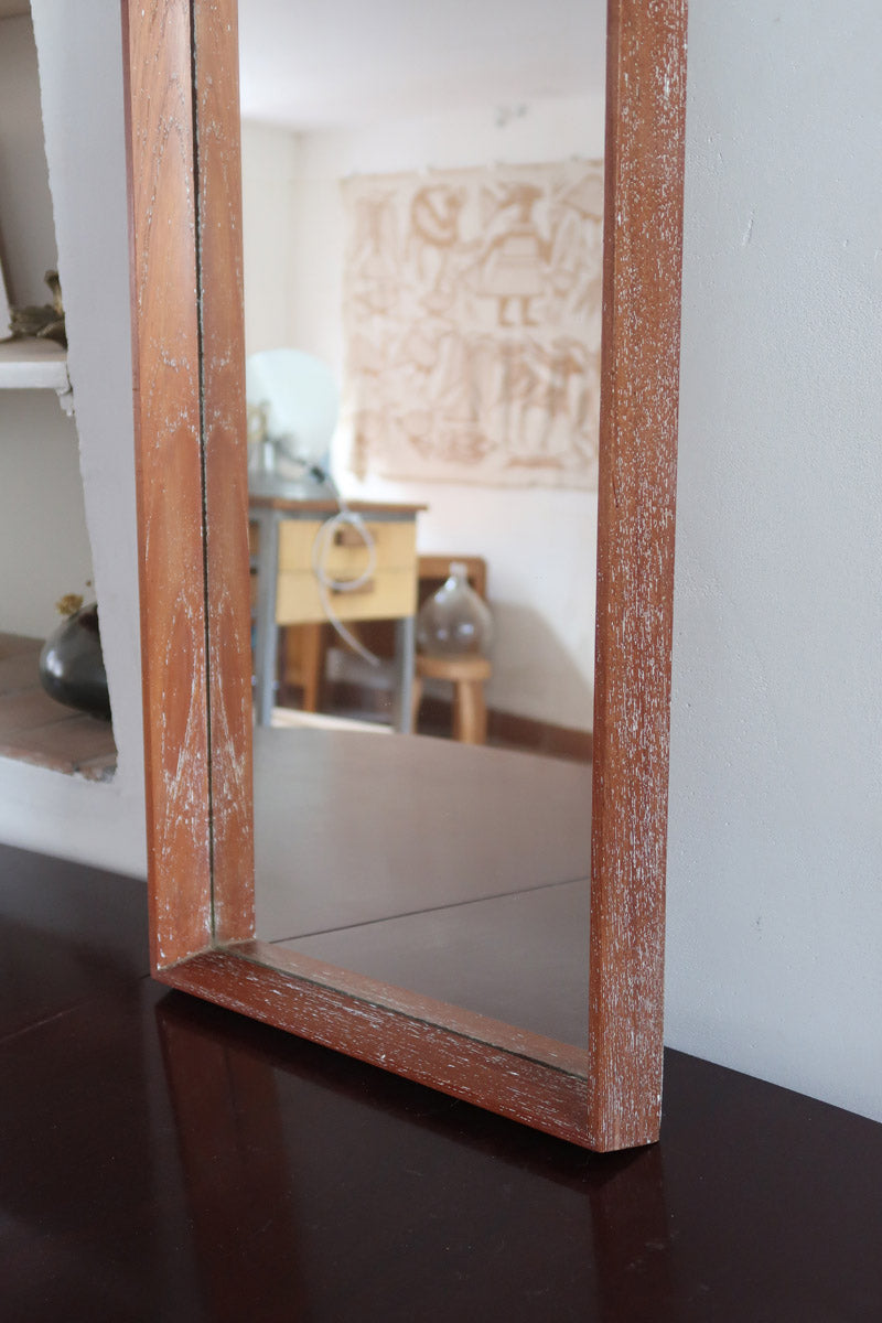 Miroir mural teck scandinave années 60 cadre fin grand format, lignes droites épurées, profil minimaliste, design danois mid-century
