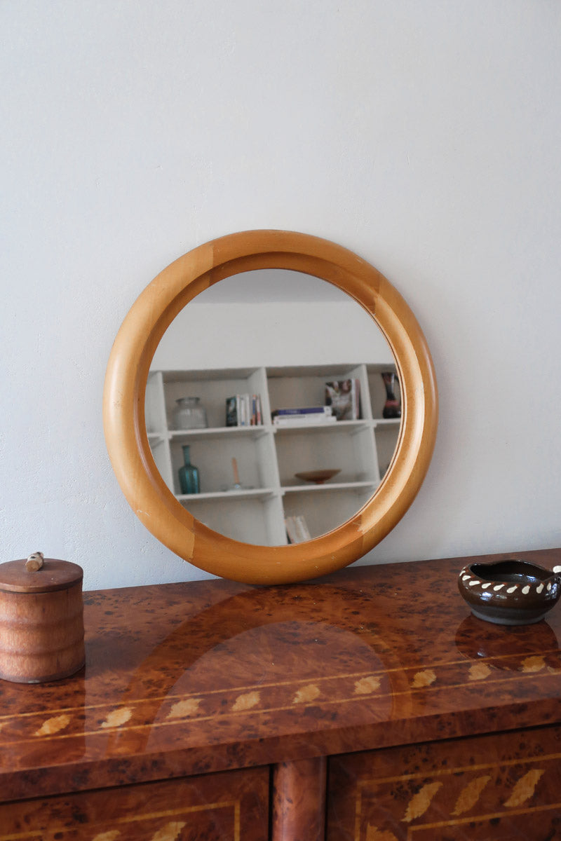 Miroir rond mural hêtre années 80 postmoderne, forme circulaire bois clair, déco vintage eighties