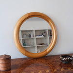 Miroir rond mural hêtre années 80 postmoderne, forme circulaire bois clair, déco vintage eighties