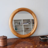Miroir rond mural hêtre années 80 postmoderne, forme circulaire bois clair, déco vintage eighties