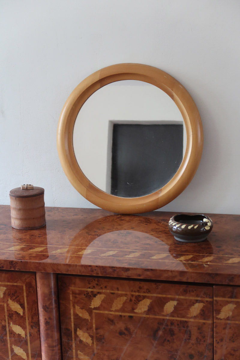 Miroir rond mural hêtre années 80 postmoderne, forme circulaire bois clair, déco vintage eighties