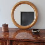 Miroir rond mural hêtre années 80 postmoderne, forme circulaire bois clair, déco vintage eighties