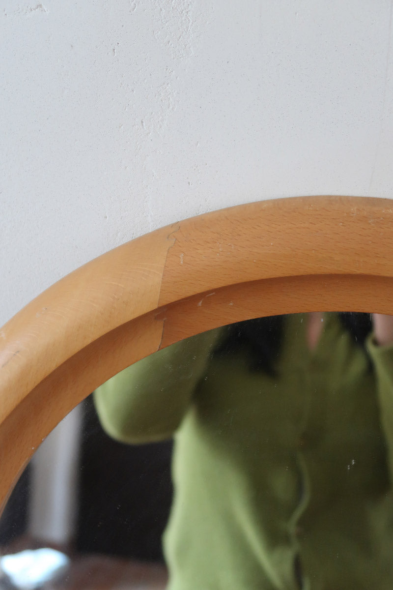 Miroir rond mural hêtre années 80 postmoderne, forme circulaire bois clair, déco vintage eighties