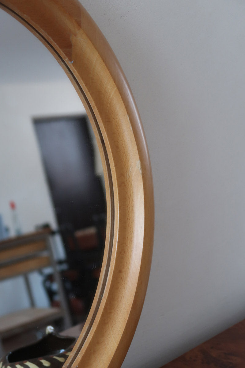 Miroir rond mural hêtre années 80 postmoderne, forme circulaire bois clair, déco vintage eighties