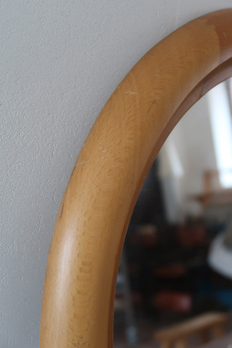 Miroir rond mural hêtre années 80 postmoderne, forme circulaire bois clair, déco vintage eighties