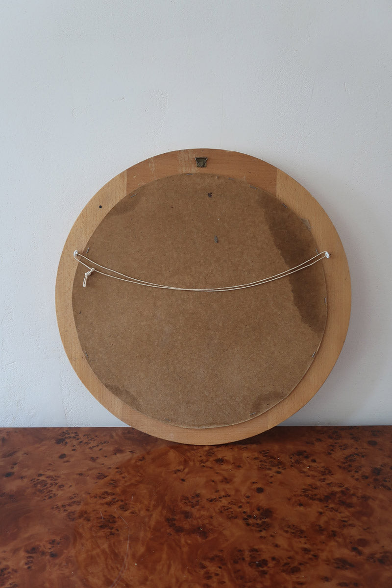 Miroir rond mural hêtre années 80 postmoderne, forme circulaire bois clair, déco vintage eighties