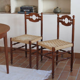 Paire de chaises rustiques vintage années 70, bois tourné, dossier médaillon, assises en corde tressée