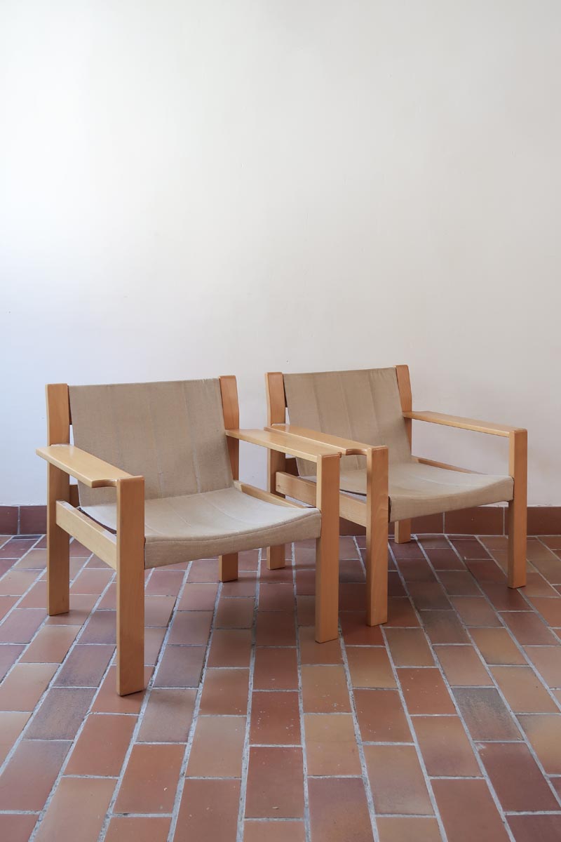 Paire de fauteuils vintage modernistes en hêtre clair et toile beige – années 70