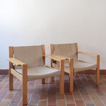 Paire de fauteuils vintage modernistes en hêtre clair et toile beige – années 70