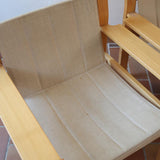 Paire de fauteuils vintage modernistes en hêtre clair et toile beige – années 70