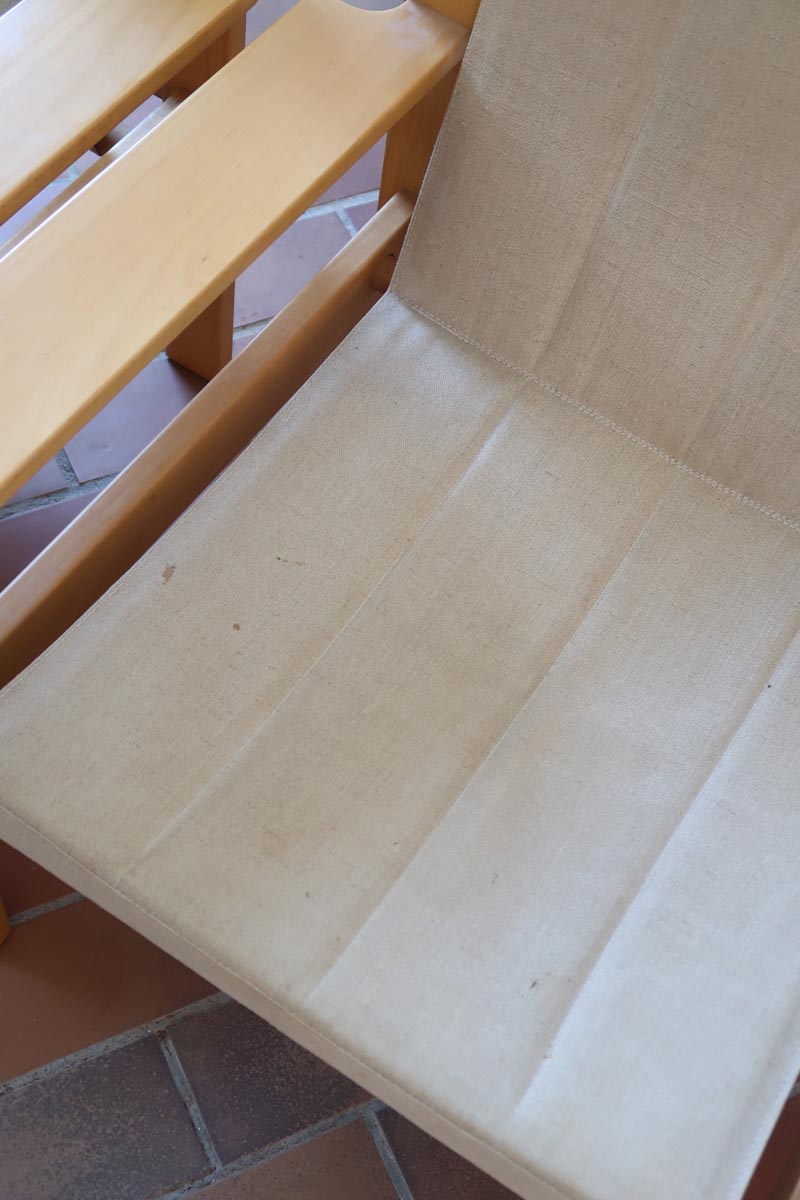 Paire de fauteuils vintage modernistes en hêtre clair et toile beige – années 70