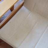 Paire de fauteuils vintage modernistes en hêtre clair et toile beige – années 70