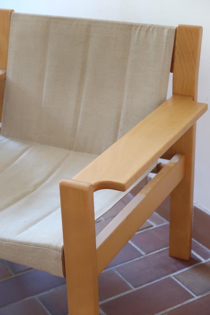 Paire de fauteuils vintage modernistes en hêtre clair et toile beige – années 70