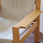 Paire de fauteuils vintage modernistes en hêtre clair et toile beige – années 70