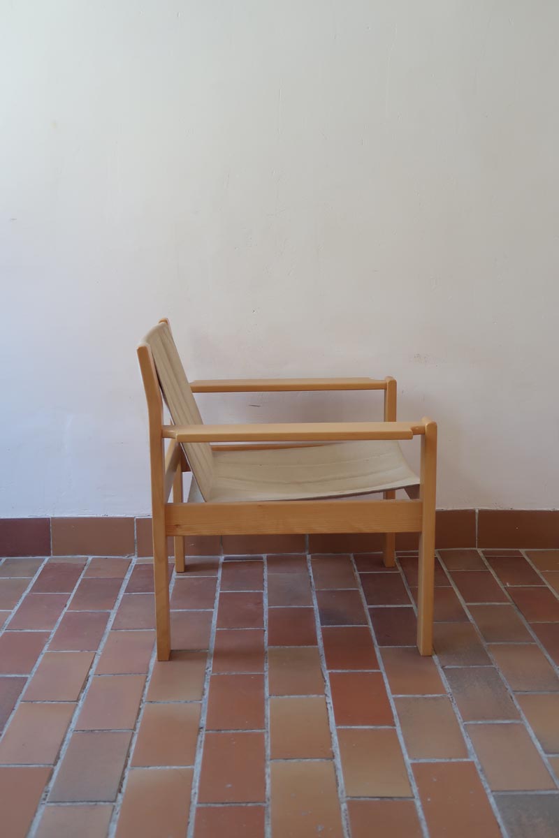 Paire de fauteuils vintage modernistes en hêtre clair et toile beige – années 70