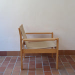 Paire de fauteuils vintage modernistes en hêtre clair et toile beige – années 70