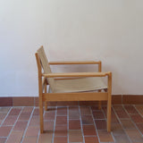 Paire de fauteuils vintage modernistes en hêtre clair et toile beige – années 70