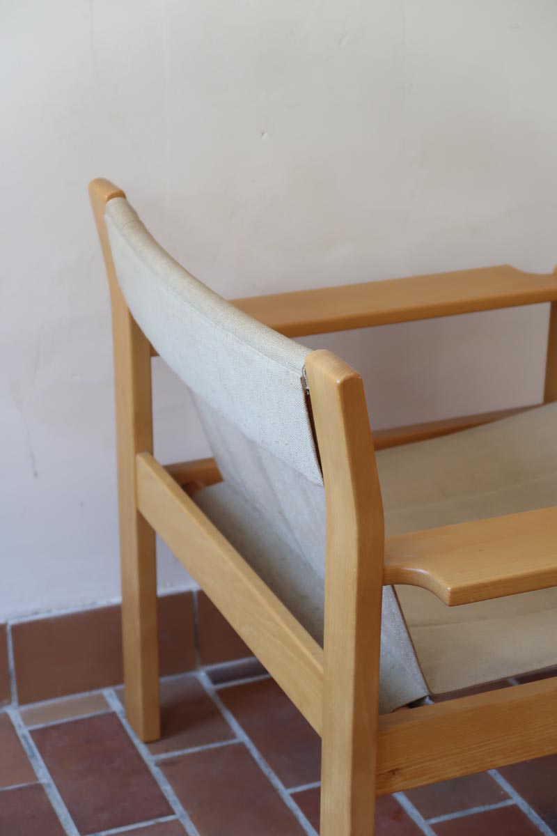 Paire de fauteuils vintage modernistes en hêtre clair et toile beige – années 70