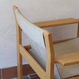 Paire de fauteuils vintage modernistes en hêtre clair et toile beige – années 70