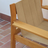 Paire de fauteuils vintage modernistes en hêtre clair et toile beige – années 70