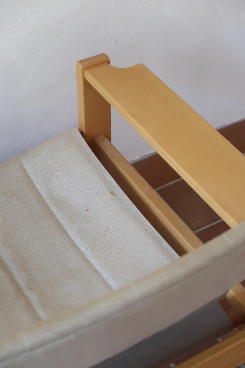 Paire de fauteuils vintage modernistes en hêtre clair et toile beige – années 70