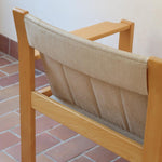 Paire de fauteuils vintage modernistes en hêtre clair et toile beige – années 70