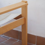 Paire de fauteuils vintage modernistes en hêtre clair et toile beige – années 70