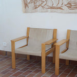 Paire de fauteuils vintage modernistes en hêtre clair et toile beige – années 70