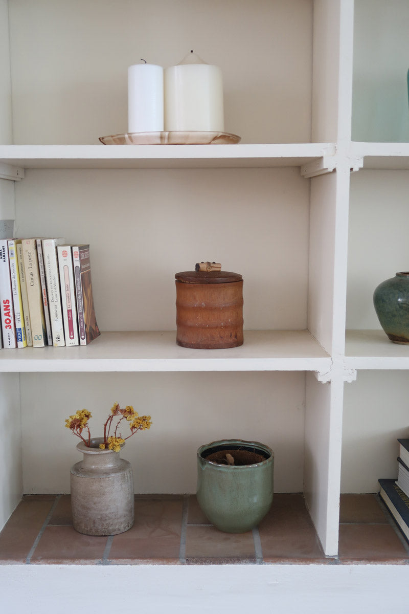 Pot bambou vintage années 60, couvercle bois poignée bambou sculptée, intérieur liège, ancien pot à tabac, boîte rangement décorative
