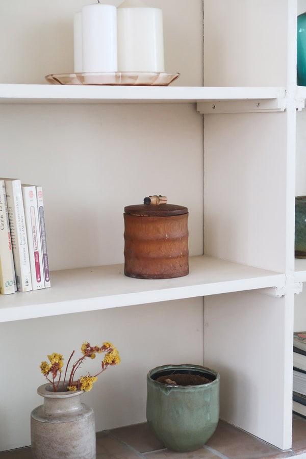 Pot bambou vintage années 60, couvercle bois poignée bambou sculptée, intérieur liège, ancien pot à tabac, boîte rangement décorative