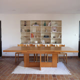 Table à manger extensible vintage en bois d'orme massif, Meubles Seltz, années 90, piétement à deux panneaux pleins en T reliés par une traverse basse, deux rallonges d'about passant de 160 à 250 cm, démontable