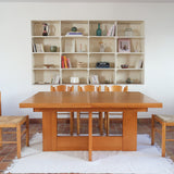 Table à manger extensible vintage en bois d'orme massif, Meubles Seltz, années 90, piétement à deux panneaux pleins en T reliés par une traverse basse, deux rallonges d'about passant de 160 à 250 cm, démontable
