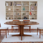 Table à manger ovale extensible en teck, design danois mid century années 60, piètement central et rallonges intégrées