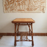 Table à manger en rotin et osier, plateau en hêtre, années 60