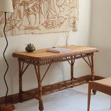Table à manger en rotin et osier, plateau en hêtre, années 60