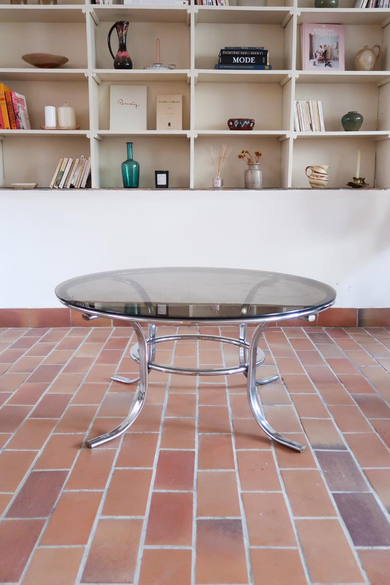 table basse ronde verre fumé chrome style milo baughman space age années 70