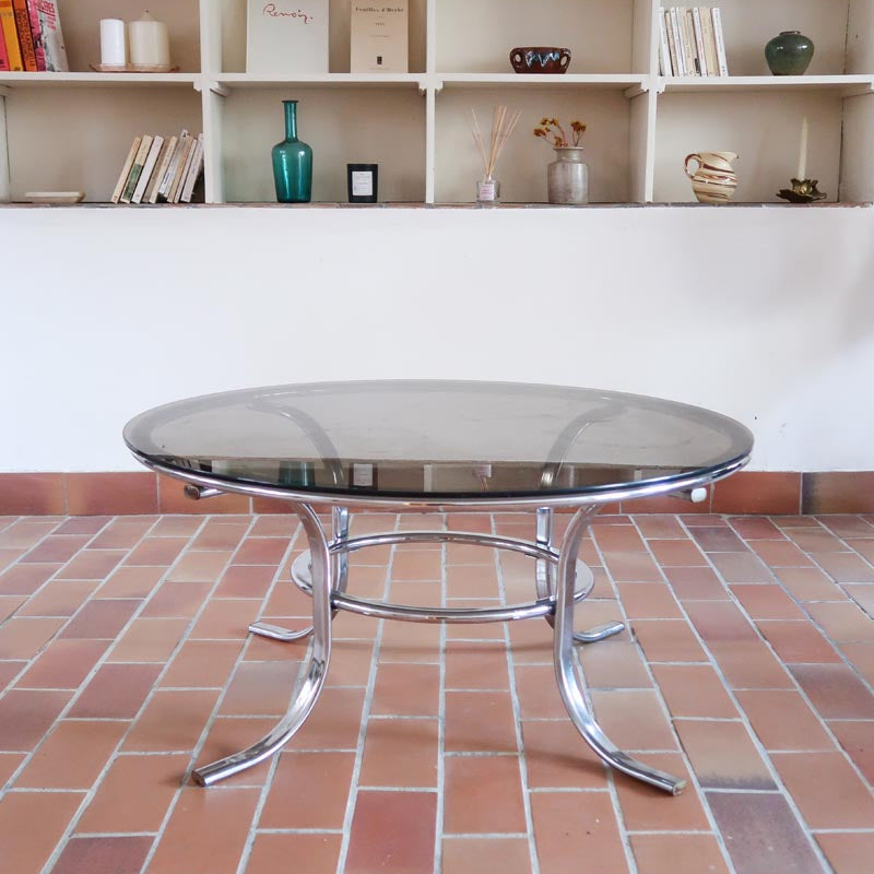 table basse ronde verre fumé chrome style milo baughman space age années 70