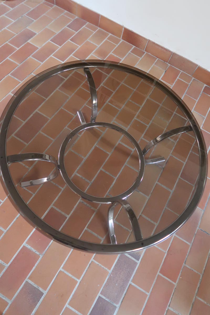 table basse ronde verre fumé chrome style milo baughman space age années 70