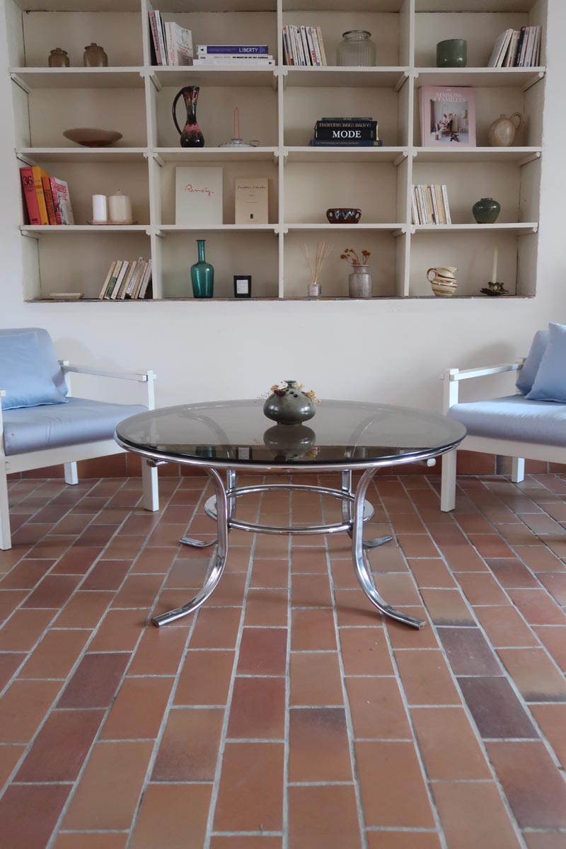 table basse ronde verre fumé chrome style milo baughman space age années 70