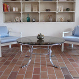 table basse ronde verre fumé chrome style milo baughman space age années 70