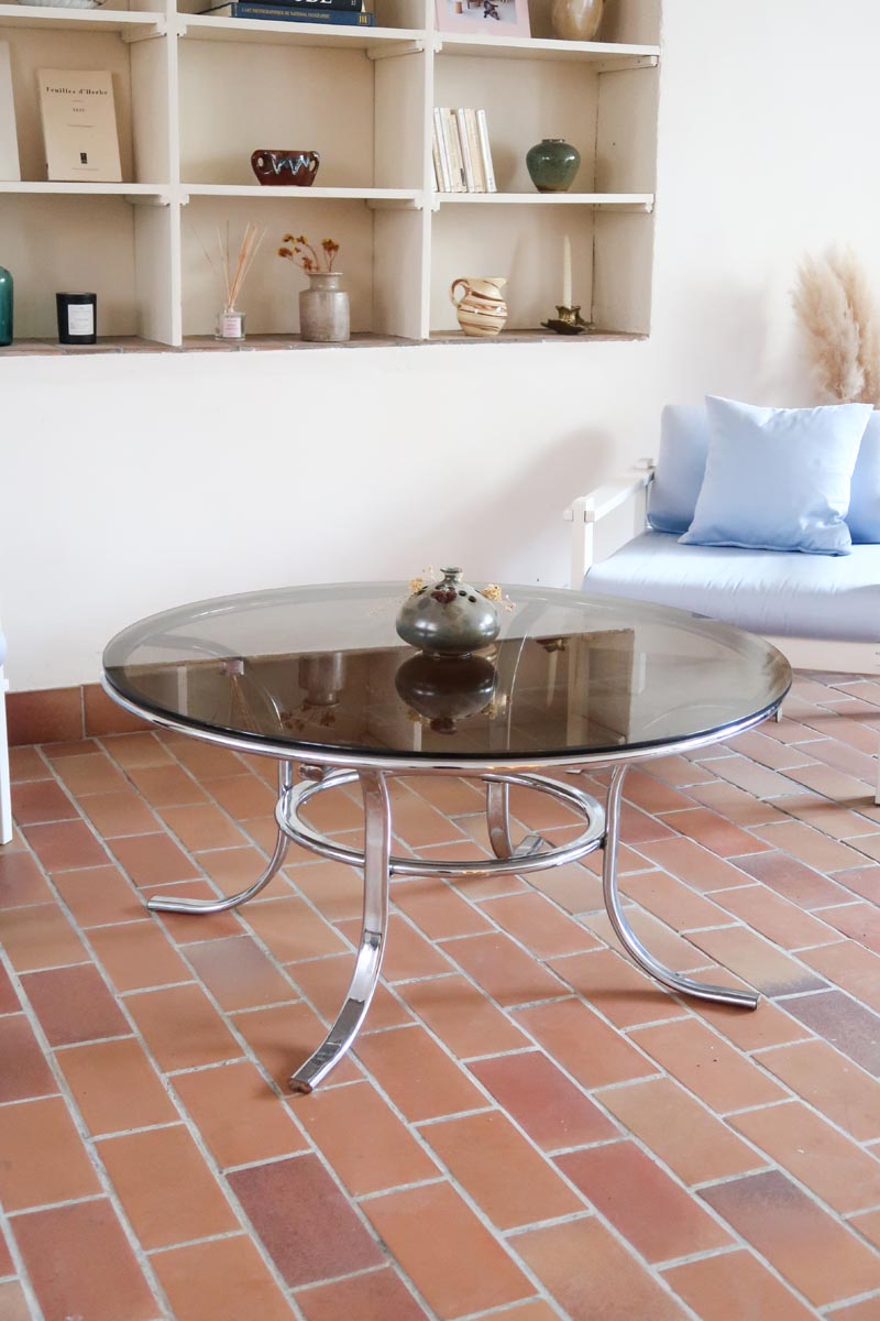 table basse ronde verre fumé chrome style milo baughman space age années 70