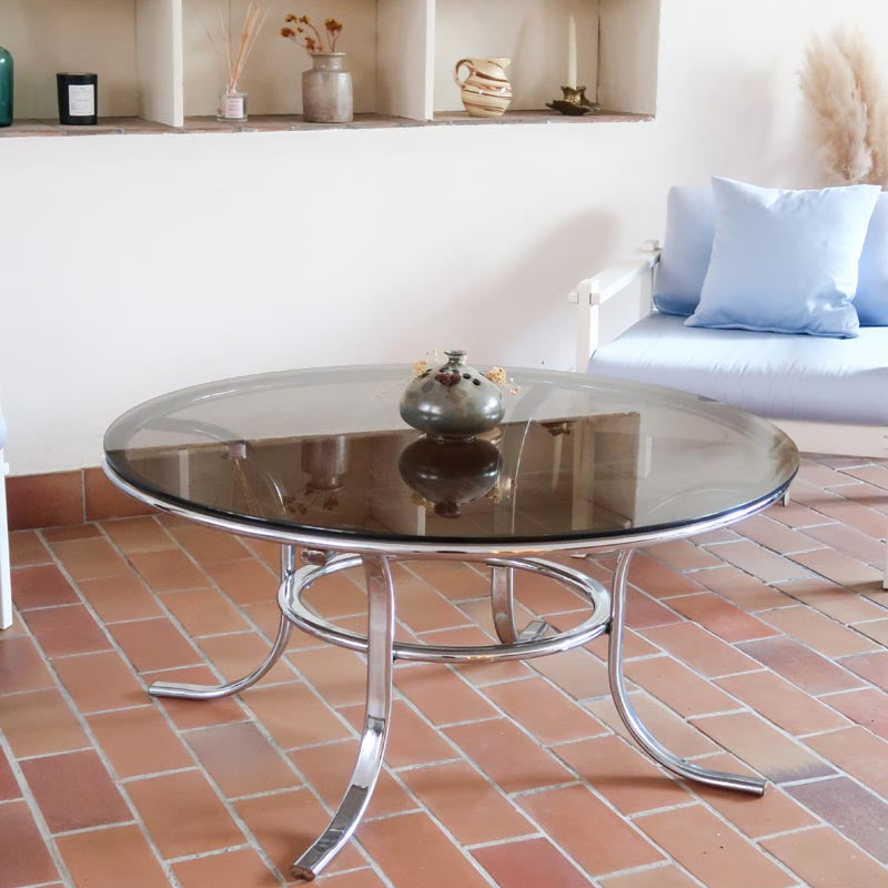 table basse ronde verre fumé chrome style milo baughman space age années 70