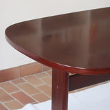 Table ovale à rallonges Farstrup en acajou foncé Danemark années 70, piétement traîneau double colonne sur patins arqués, 12 couverts