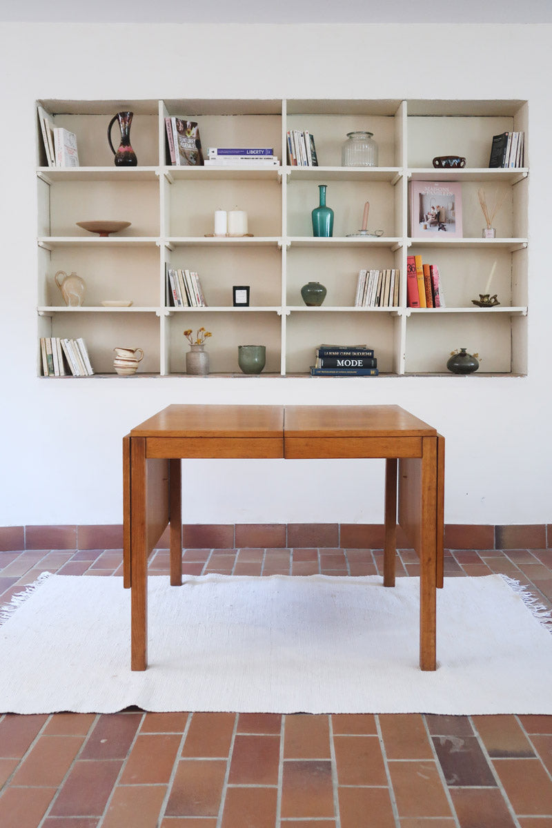 Table à manger scandinave extensible en chêne clair années 60, deux abattants intégrés, jusqu'à 12 couverts, pieds droits