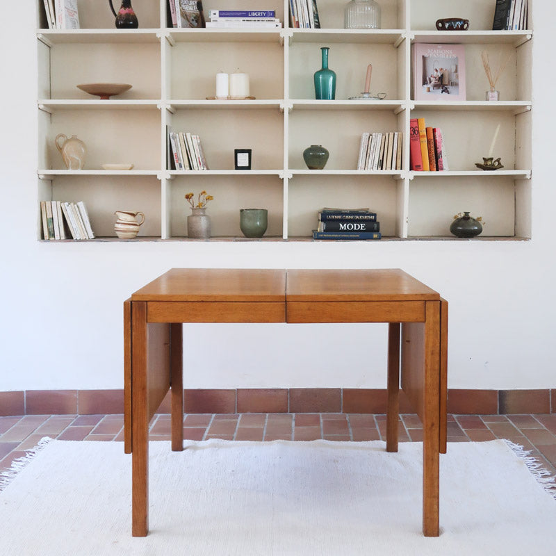 Table à manger scandinave extensible en chêne clair années 60, deux abattants intégrés, jusqu'à 12 couverts, pieds droits